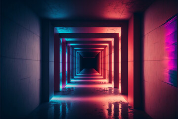  Modern Futuristic Sci-Fi Grunge Empty Tunnel Corridor With Neon Glowing  Purple Blue Pink Red 