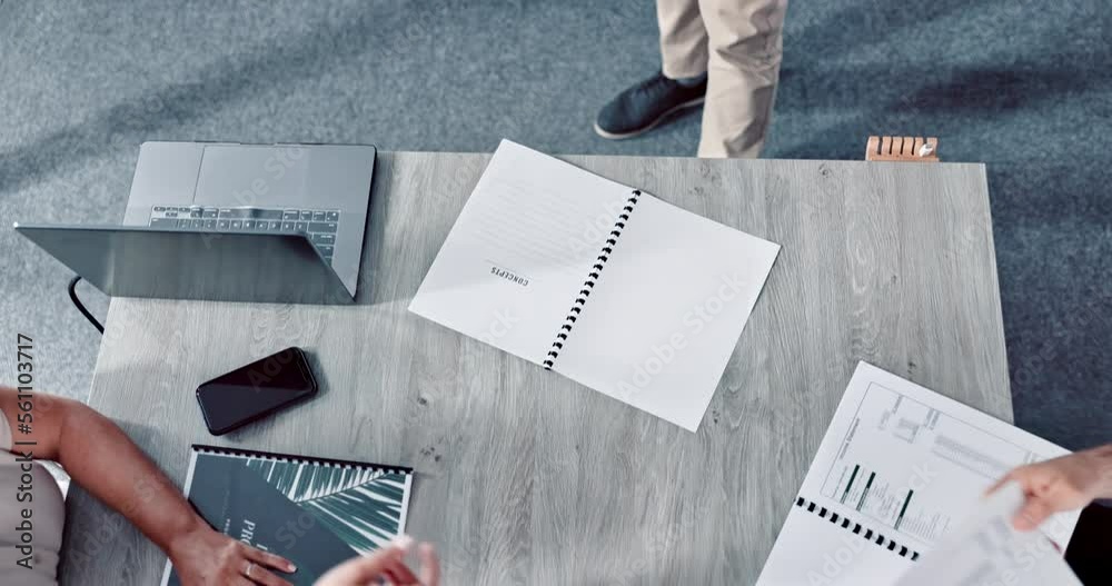 Aufkleber paperwork, business and proposal with business people and planning top view, meeting and strategy wi