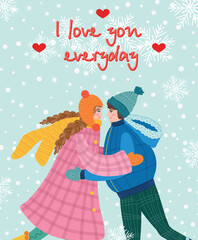 Flat hand drawn valentines day greeting card. Loving couple of young man and woman