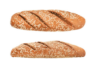 Top and side view of white cereal bread with sesame. Isolated png with transparency