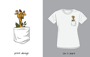 Baby giraffe in my pocket. Design for printing on a children's t-shirt