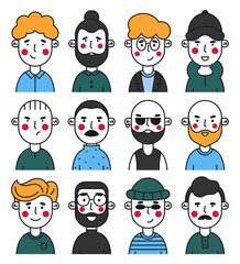 People avatar. A set of male avatars for social networks, apps and websites. Guys and men with different hairstyles and emotions. Colorful flat icons with outlines
