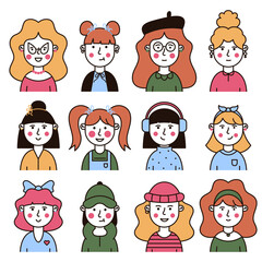 People avatar. A set of female avatars for social networks, apps and websites. Girls and women with different hairstyles and emotions. Colorful flat icons with outlines