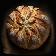 Top View Of Fresh Round Of Bread With Grain On Top
