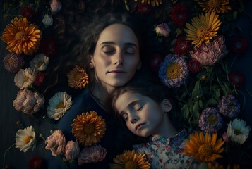 illustration, mother with her daughter among the flowers, image generated by AI