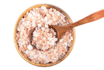 Top view of bowl with pink natural salt and wooden spoon.