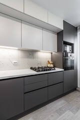 Modern interior of kitchen in luxury private house. Grey design. Marble floor. Stylish kitchen set.