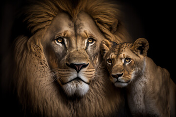 Fototapeta premium Portrait of a Male Lion with Baby Lion Cub, King of the Jungle, Generative AI