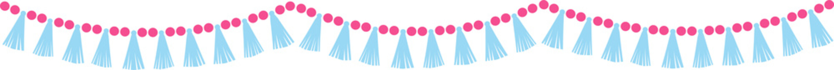 Party decoration garland and bunting made of pompoms. Party supplies in pastele colors. Flat illustration