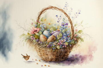 Easter basket with eggs and flowers watercolor, Generative AI