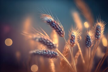 beautiful close up wheat ear against sunlight at evening or morning with yellow field as background