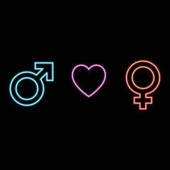 Female and male gender signs with neon effect on a dark background. Vector illustration