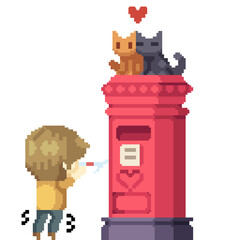 Pixel art boy putting a letter in the mailbox isolated