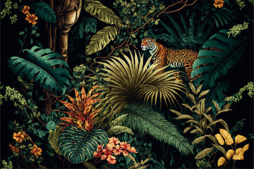 tropical forest background, animals, tropical plants and flowers, ai