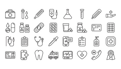 Fototapeta na wymiar Medical Vector Icons Set. Line Icons, Sign and Symbols in Flat Linear Design Medicine and Health Care with Elements for Mobile Concepts and Web Apps. Set of Hospital, Medical, Clinic vector icon