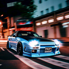 Fototapeta na wymiar Japanese car in street rally. Motion Blur effect. Jdm culture. Sport car in city street