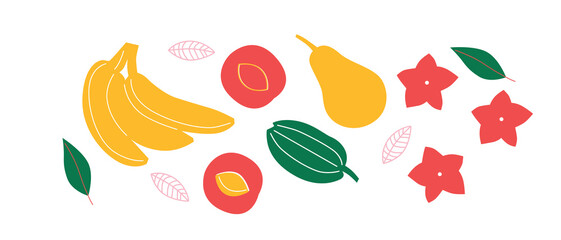 Vector Organic fruits template. Set of juicy fruits in cartoon style . Healthy lifestyle, vegetarianism