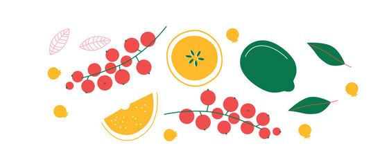 Vector Organic fruits template. Set of juicy fruits in cartoon style . Healthy lifestyle, vegetarianism