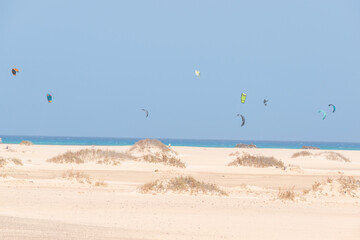 Corralejo Beach Kitesurf Spot Fuerteventura , many kitesurfers in the ocean.