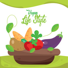 Vegan lifestyle poster Basket with vegetables Vector