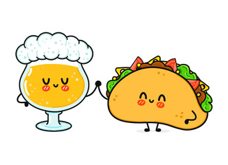 Cute, funny happy glass of beer and taco. Vector hand drawn cartoon kawaii characters, illustration icon. Funny cartoon glass of beer and taco mascot friends concept