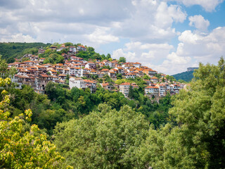 View from above with the medieval buildings and houses in Veliko Tarnovo, the historical and cultural capital of Bulgaria