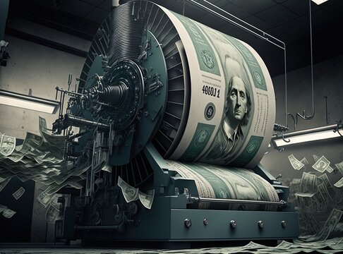 massive big money printing machine with paper roll on processing, idea for business and economic concept , Generative Ai