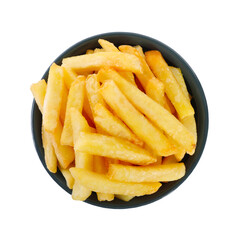 Bowl with delicious french fries on white background, top view