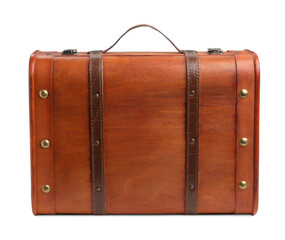 Beautiful brown stylish suitcase on white background
