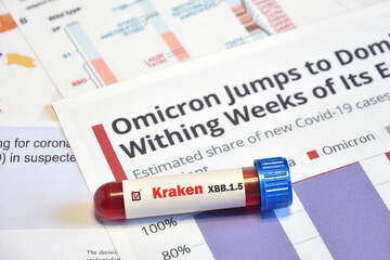 Obraz premium Blood tube for test detection of Virus Covid-19 Kraken Variant on papers document. Concept for the New Variant from Virus SARS-CoV-2 Kraken