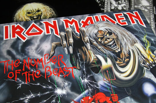 Viersen, Germany - November 9. 2022: Closeup of isolated vinyl record album the number of the beast of rock metal band Iron Maiden
