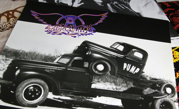 Viersen, Germany - November 9. 2022: Closeup of isolated vinyl record album of rock band Aerosmith