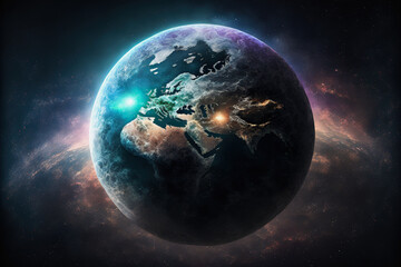 Fototapeta na wymiar ai generative fantasy illustration of the planet earth in the galaxy