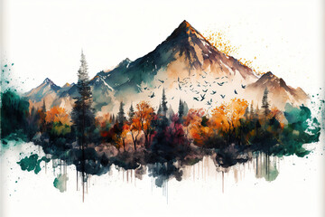 Panorama with mountains and trees in watercolor - generated by Generative AI