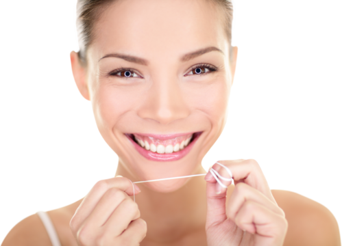 Dental floss - woman flossing teeth smiling happy with perfect teeth and toothy smile. Dental care concept with beautiful multiracial Asian Caucasian female model isolated in transparent PNG. - Powered by Adobe