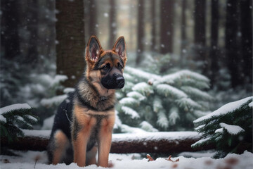 German shepherd in snowy Forest, Generative AI