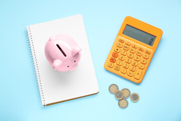 Piggy bank, coins, notebook and calculator on light blue background, flat lay