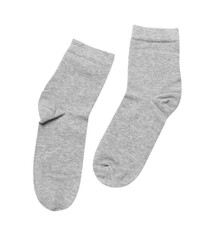 Pair of light grey socks isolated on white, top view