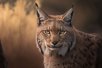 Fototapeta premium Illustration of a big Iberian Lynx in national park in summer time with blur meadow background