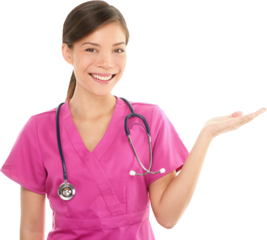 Medical doctor or nurse woman showing and presenting copy space on white background with open hand palm. Young female medical professional in pink scrubs.. Asian / Caucasian woman.