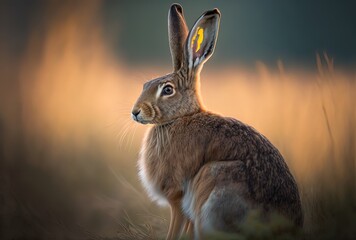 Obraz premium illustration of cute Hispid hare or Bristly rabbit with blur nature background with sunlight