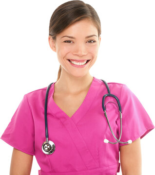 Nurse. Portrait on young woman nurse / medical student in her 20s wearing pink scrubs and stethoscope. isolated in transparent PNG. Mixed Asian / Caucasian model.