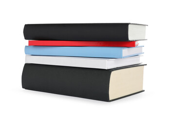 Stack of different books on white background