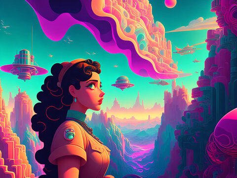 Futuristic Rugged Cartoon Woman in a Surreal Pastel and Neon Environment - Generative AI Image