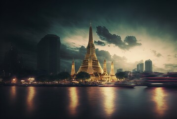 illustration of ancient historical Buddhist temple inspired from Wat Arun , Thailand