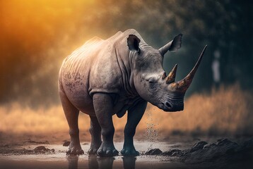 Fototapeta premium illustration of beautiful close up portrait of two horn rhino, Sumatran rhinoceroses