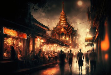 Khao San Road, Thailand in imagination, crowd of people walk on street market with bokeh glow light background, Asian travel best place to visit theme