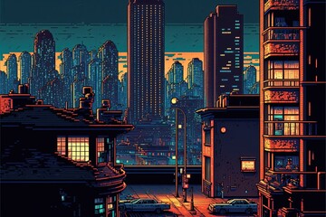 Obraz premium Pixel art city landscape with with buildings, houses, streets, treesbackground in retro style for 8 bit game, Generative AI