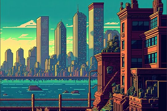 Pixel art city landscape with with buildings, houses, streets, trees background in retro style for 8 bit game, Generative AI