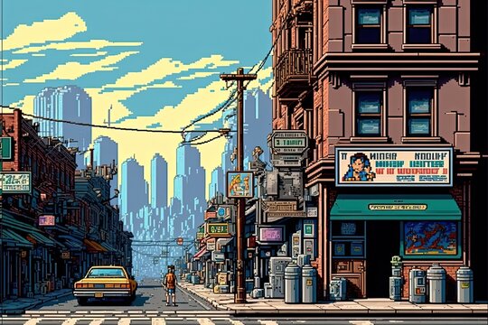 Pixel art city landscape with with buildings, houses, streets, trees background in retro style for 8 bit game